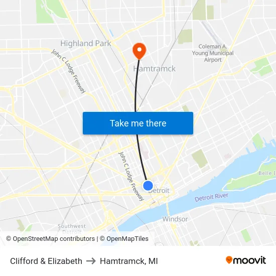 Clifford & Elizabeth to Hamtramck, MI map