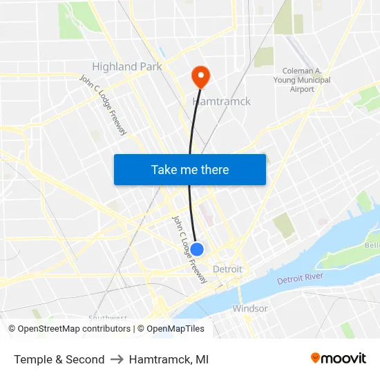 Temple & Second to Hamtramck, MI map