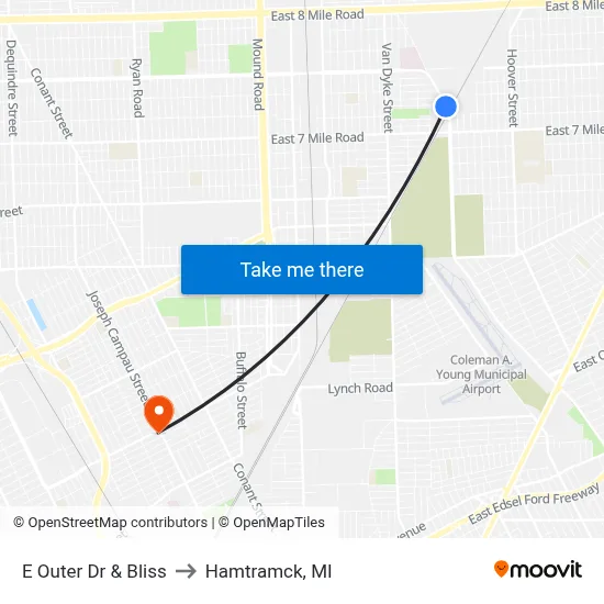 E Outer Dr & Bliss to Hamtramck, MI map