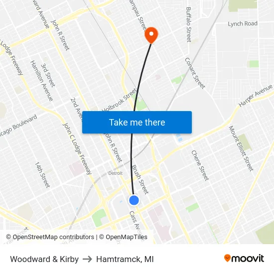 Woodward & Kirby to Hamtramck, MI map