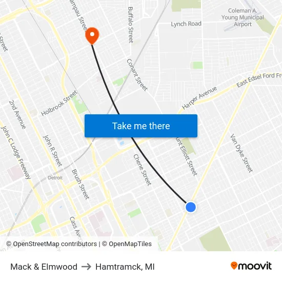 Mack & Elmwood to Hamtramck, MI map