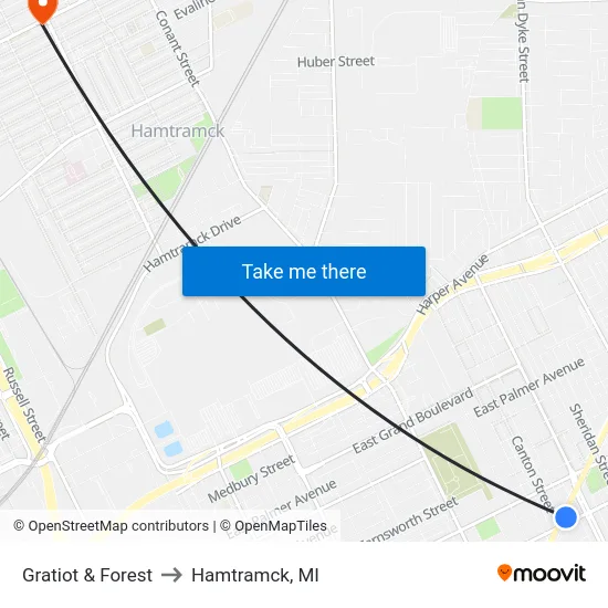 Gratiot & Forest to Hamtramck, MI map