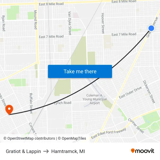 Gratiot & Lappin to Hamtramck, MI map