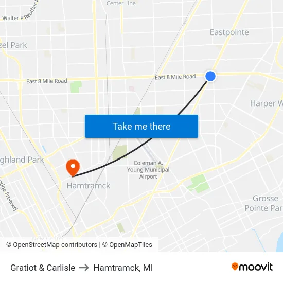 Gratiot & Carlisle to Hamtramck, MI map