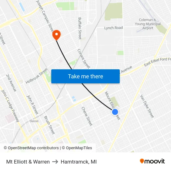 Mt Elliott & Warren to Hamtramck, MI map