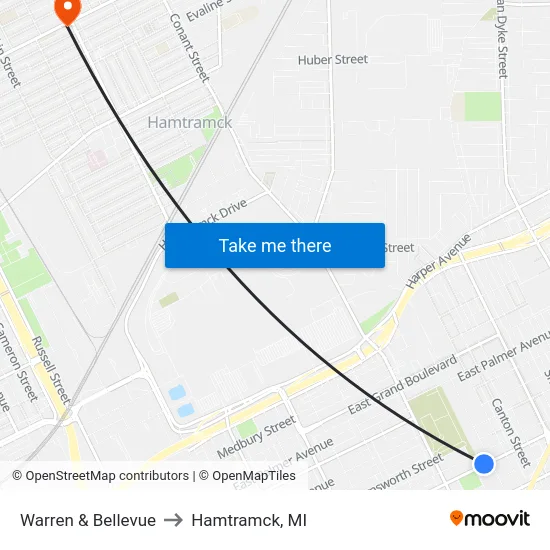 Warren & Bellevue to Hamtramck, MI map