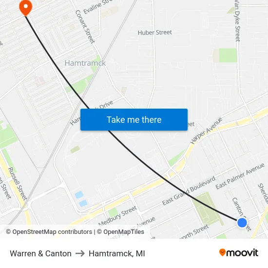Warren & Canton to Hamtramck, MI map