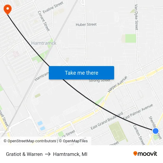 Gratiot & Warren to Hamtramck, MI map