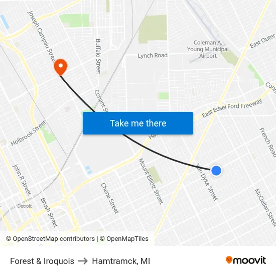 Forest & Iroquois to Hamtramck, MI map