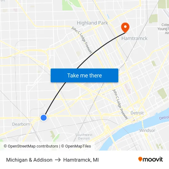 Michigan & Addison to Hamtramck, MI map