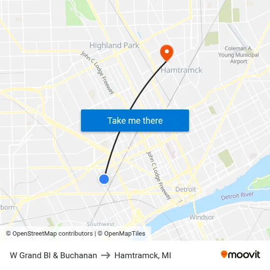 W Grand Bl & Buchanan to Hamtramck, MI map