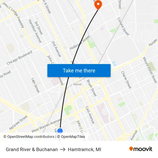 Grand River & Buchanan to Hamtramck, MI map