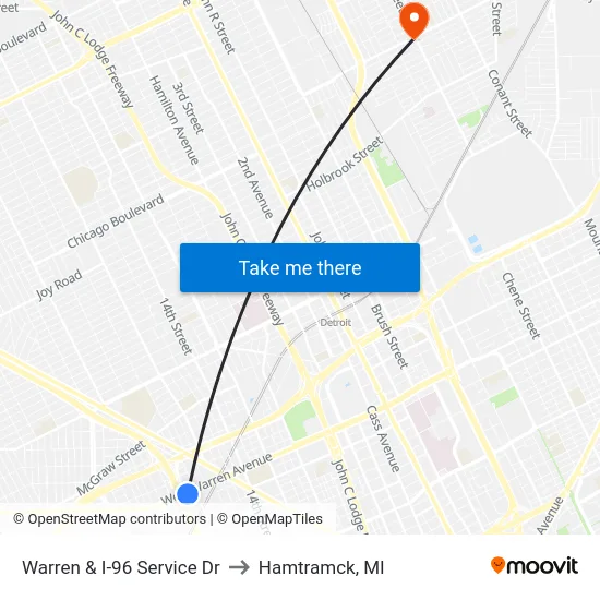 Warren & I-96 Service Dr to Hamtramck, MI map