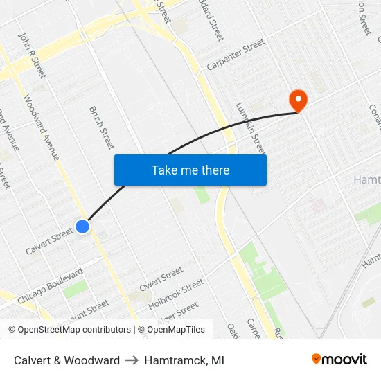 Calvert & Woodward to Hamtramck, MI map