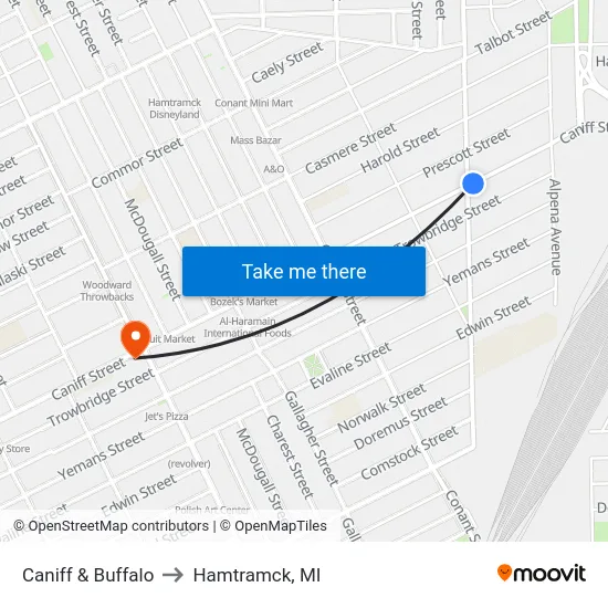 Caniff & Buffalo to Hamtramck, MI map