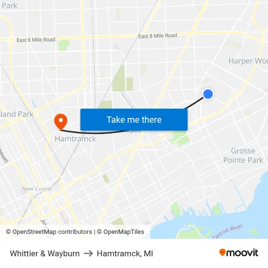 Whittier & Wayburn to Hamtramck, MI map