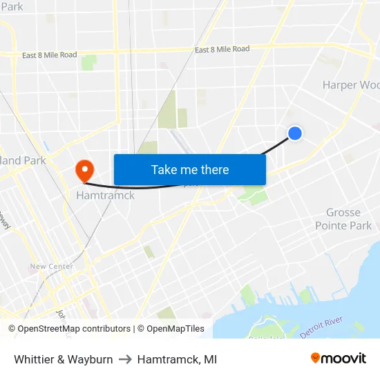 Whittier & Wayburn to Hamtramck, MI map