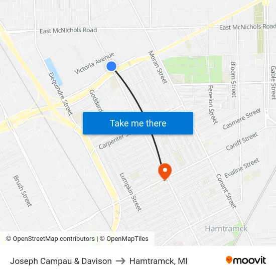 Joseph Campau & Davison to Hamtramck, MI map