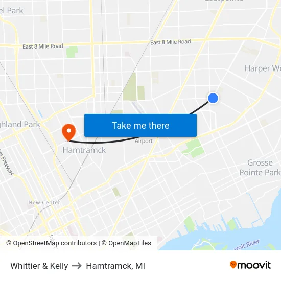 Whittier & Kelly to Hamtramck, MI map