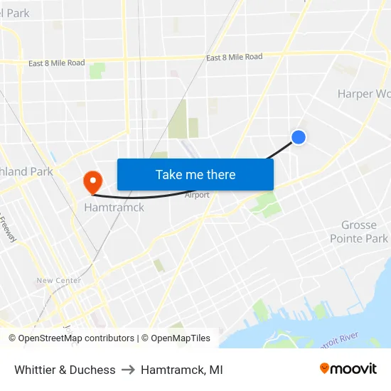 Whittier & Duchess to Hamtramck, MI map