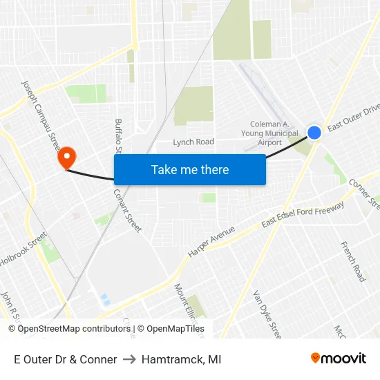 E Outer Dr & Conner to Hamtramck, MI map
