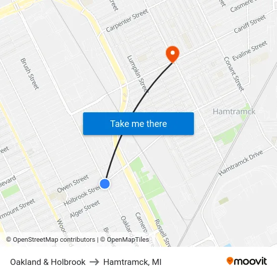 Oakland & Holbrook to Hamtramck, MI map