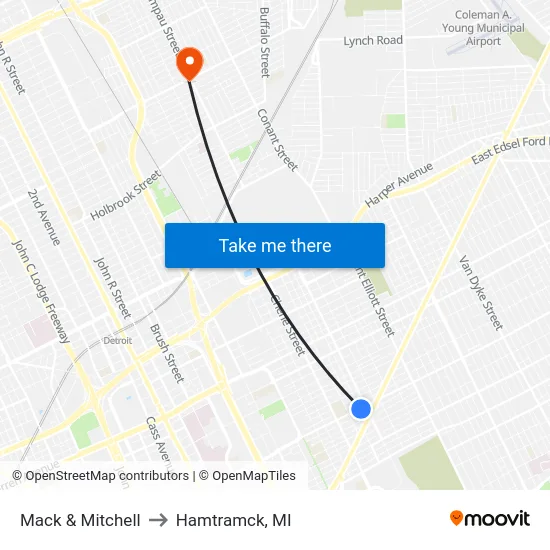 Mack & Mitchell to Hamtramck, MI map