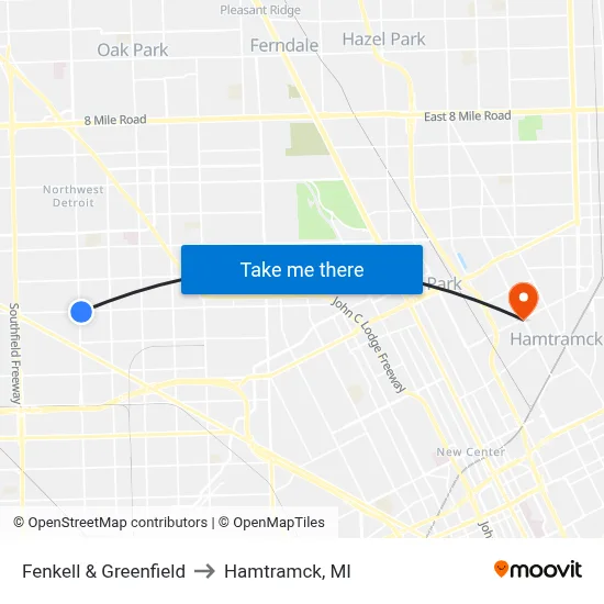 Fenkell & Greenfield to Hamtramck, MI map