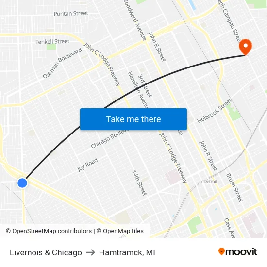 Livernois & Chicago to Hamtramck, MI map