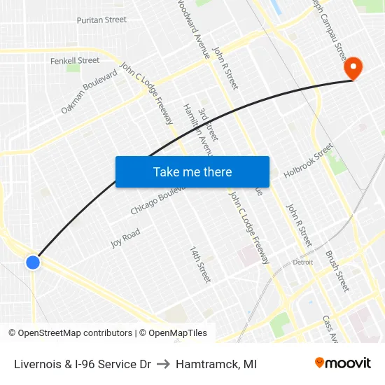 Livernois & I-96 Service Dr to Hamtramck, MI map
