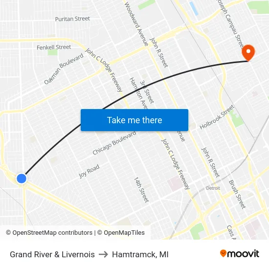 Grand River & Livernois to Hamtramck, MI map