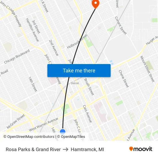 Rosa Parks & Grand River to Hamtramck, MI map