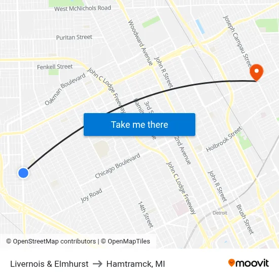 Livernois & Elmhurst to Hamtramck, MI map