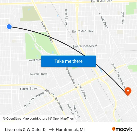 Livernois & W Outer Dr to Hamtramck, MI map