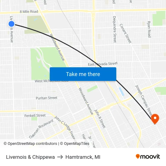Livernois & Chippewa to Hamtramck, MI map