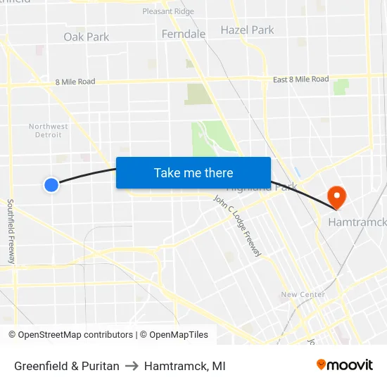 Greenfield & Puritan to Hamtramck, MI map