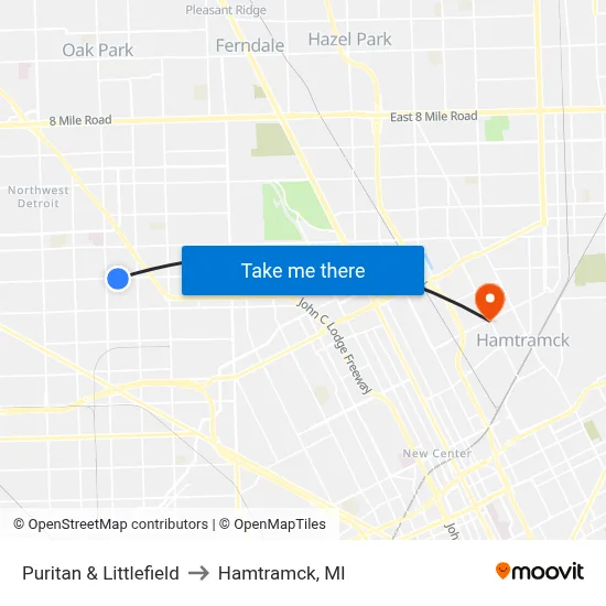 Puritan & Littlefield to Hamtramck, MI map