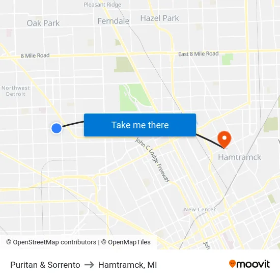 Puritan & Sorrento to Hamtramck, MI map