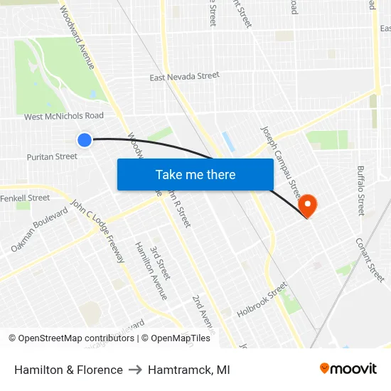 Hamilton & Florence to Hamtramck, MI map