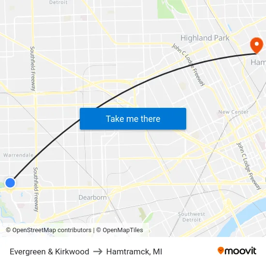 Evergreen & Kirkwood to Hamtramck, MI map