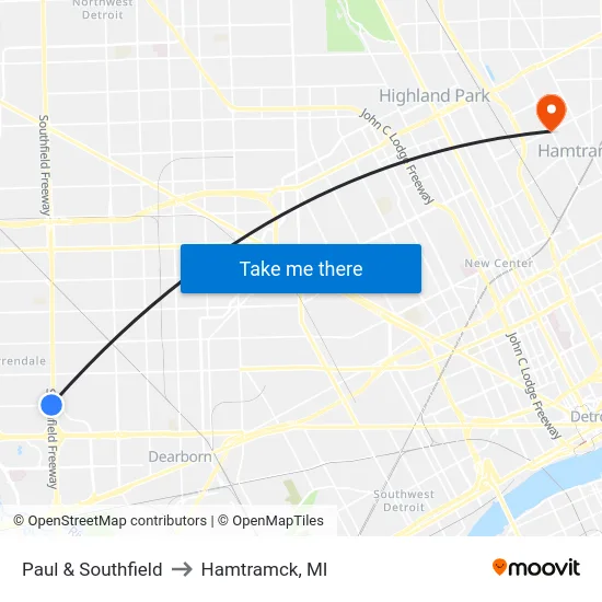 Paul & Southfield to Hamtramck, MI map