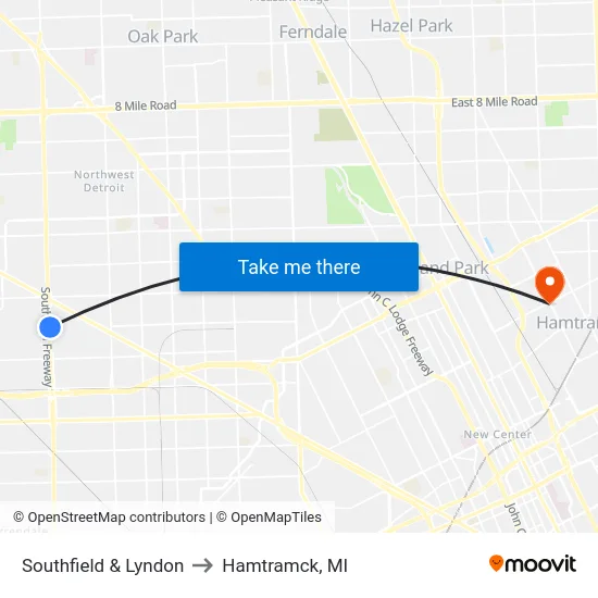 Southfield & Lyndon to Hamtramck, MI map