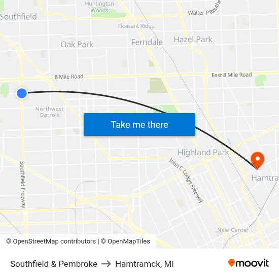 Southfield & Pembroke to Hamtramck, MI map
