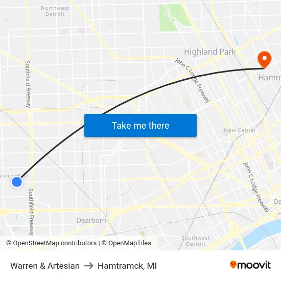 Warren & Artesian to Hamtramck, MI map