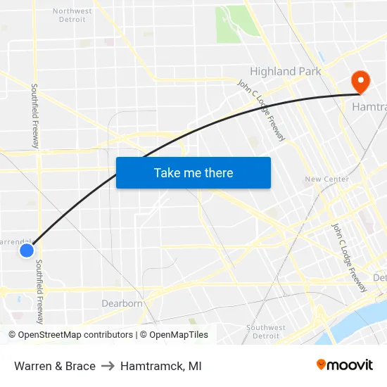 Warren & Brace to Hamtramck, MI map