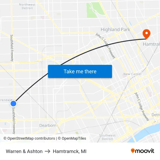 Warren & Ashton to Hamtramck, MI map