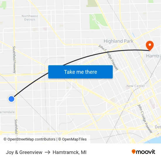 Joy & Greenview to Hamtramck, MI map