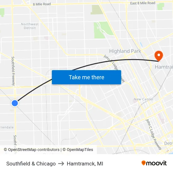 Southfield & Chicago to Hamtramck, MI map
