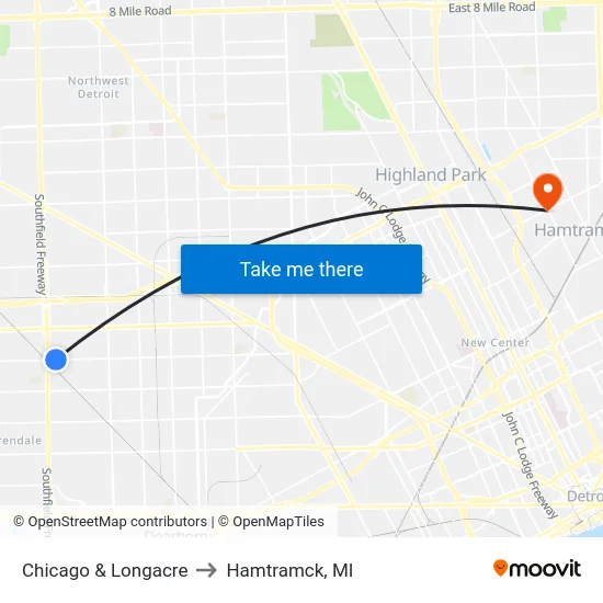 Chicago & Longacre to Hamtramck, MI map