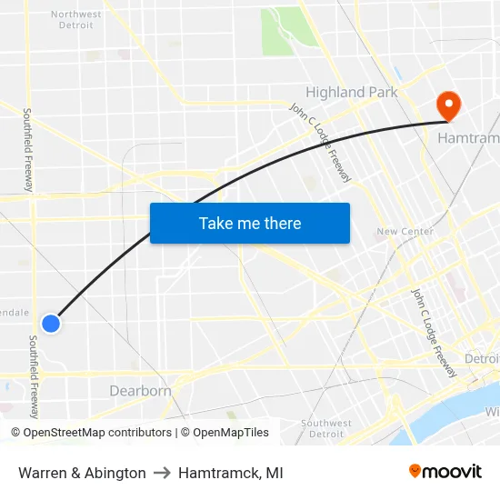 Warren & Abington to Hamtramck, MI map